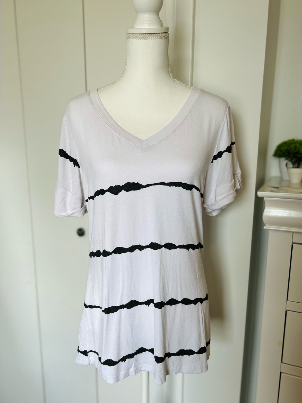 Women's White V-Neck Tee with Black Stripe Detail